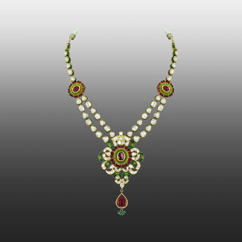 Double-String Polki Necklace with Enamel Flowers and Rhodolite